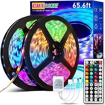 CHARKEE 65.6ft Led Strip Lights(2 Rolls of 32.8ft), Ultra Long RGB 5050 Color Changing LED Light Strips Kit with 44 Keys Remote Led Lights for Bedroom, Kitchen, Home Decor, DIY Mode