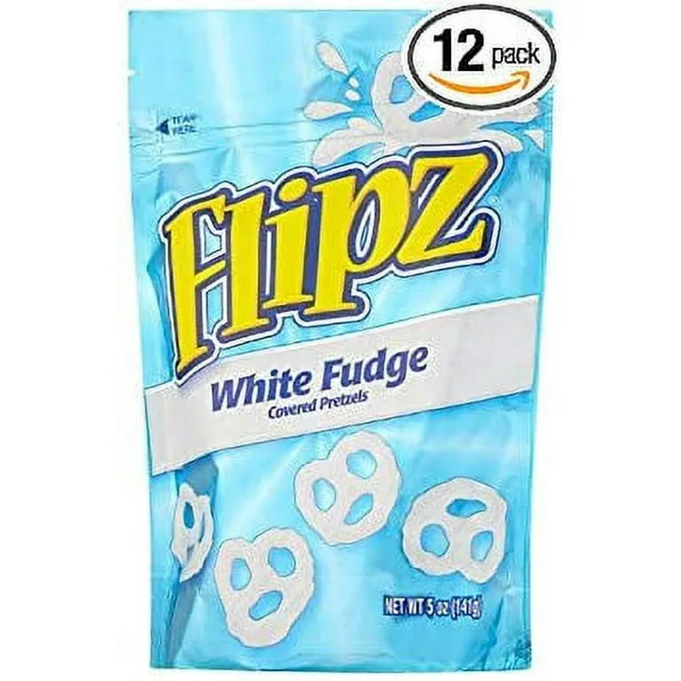 Flipz White Fudge Covered Pretzels in A Stand Up Pouch 5 Ounce Size - 12 per Case.