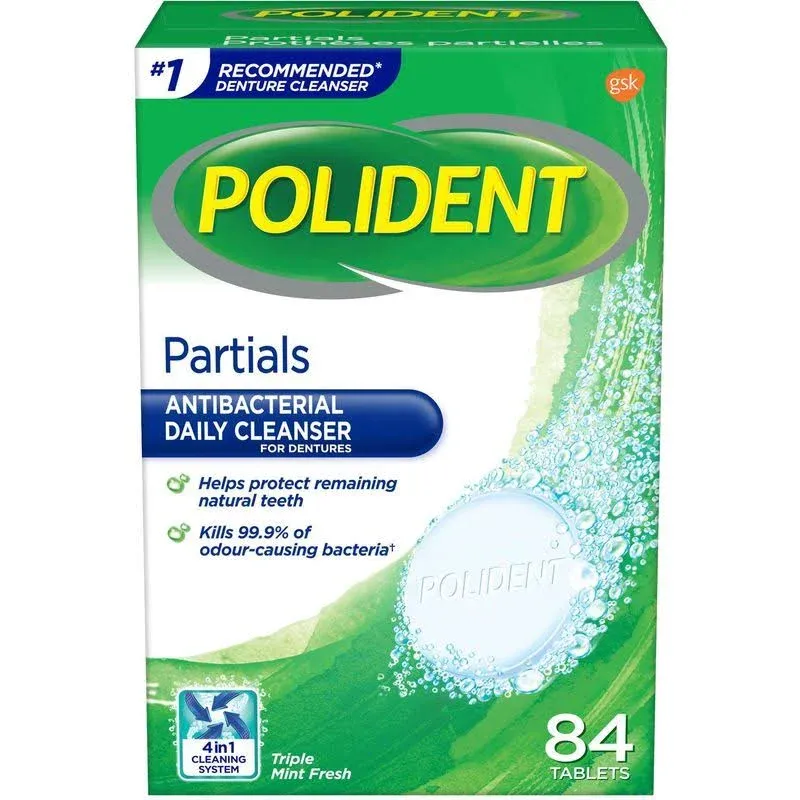 Polident Daily Denture Cleanser for Partials Triple Mint Fresh 84 Tablets