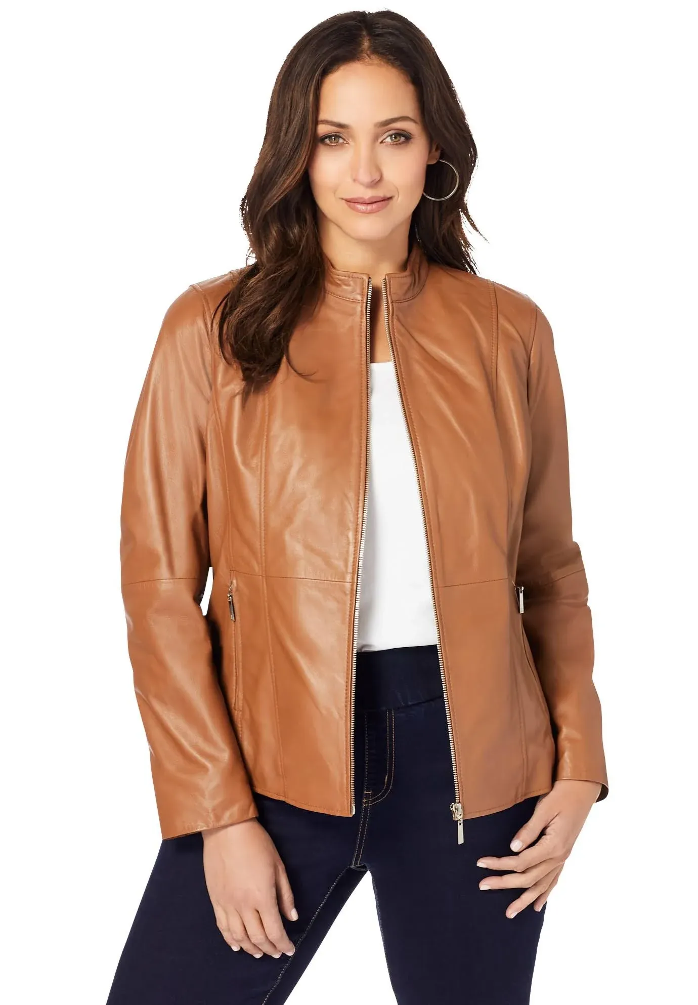 Jessica London Women's Plus Size Zip Front Leather Jacket, 30 W - Cognac