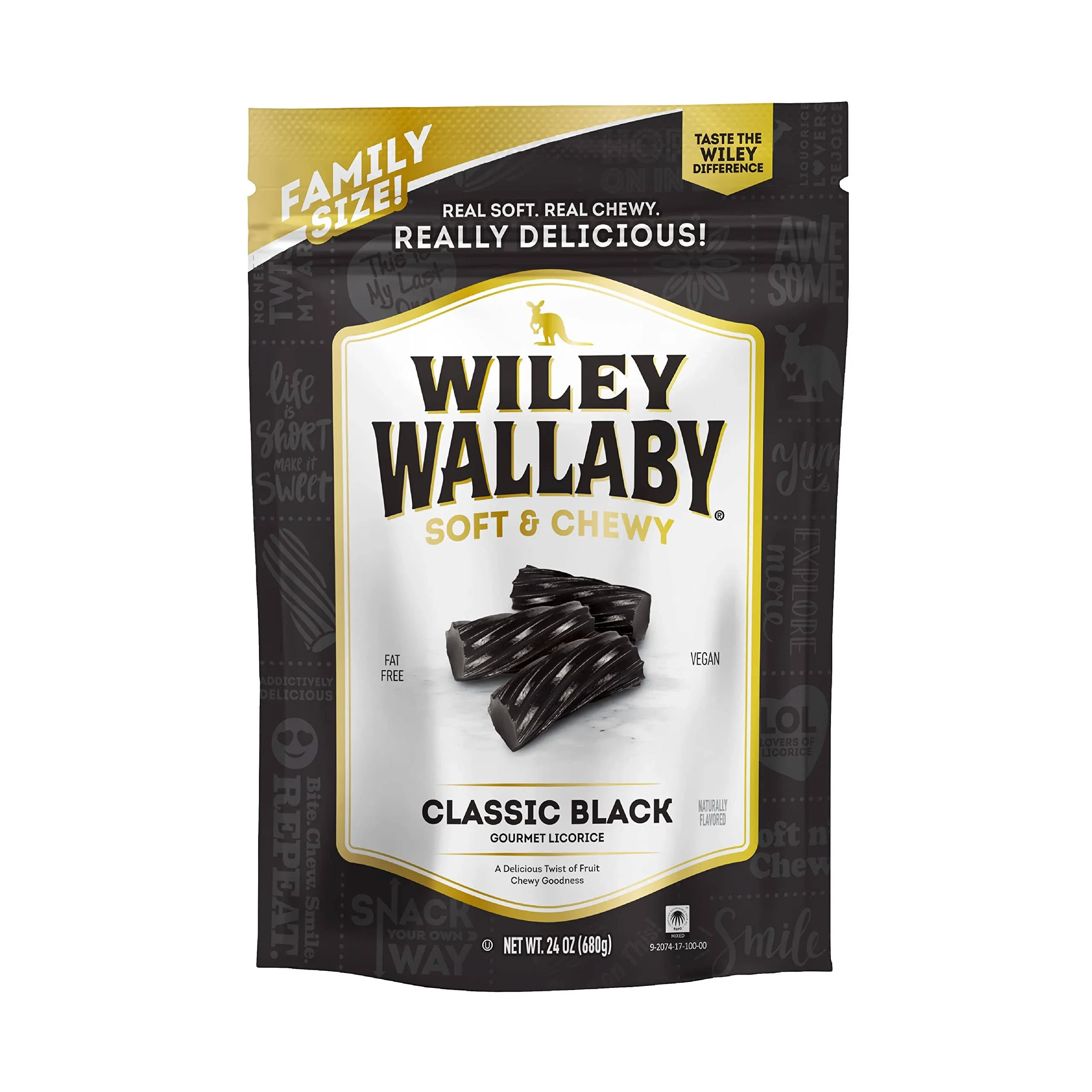 Wiley Wallaby Licorice 10 Onzas Clásico Gourmet Suave y Masticable Regaliz Negro Australiano Candy Twists, 1 Paquete