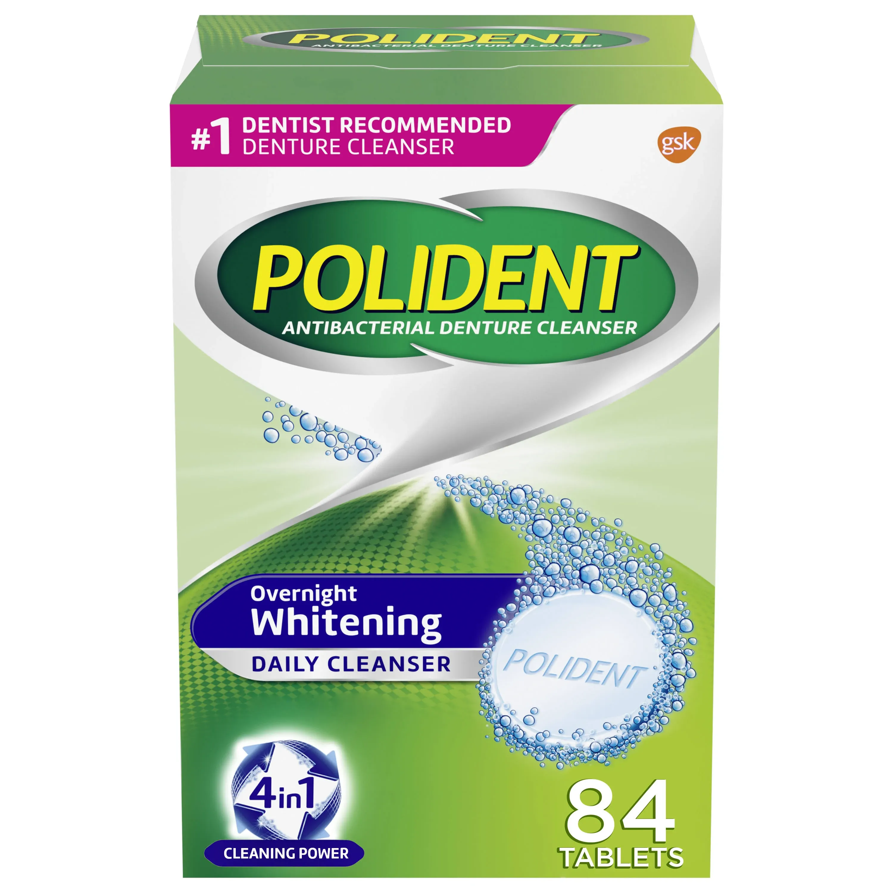 Polident Overnight Whitening Antibacterial Denture Cleanser Tablets - 84 ct