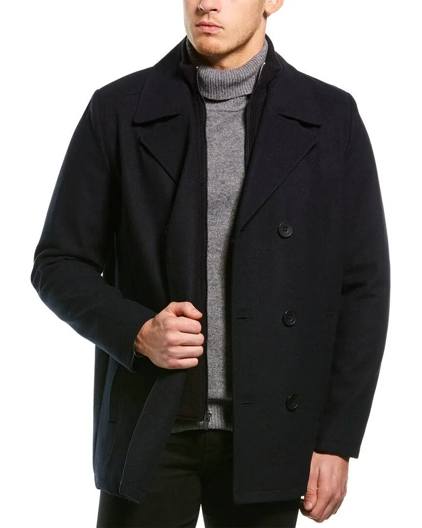 Kenneth Cole Men&#039;s Navy Double Breasted Wool Blend Peacoat With Bib Coat Large