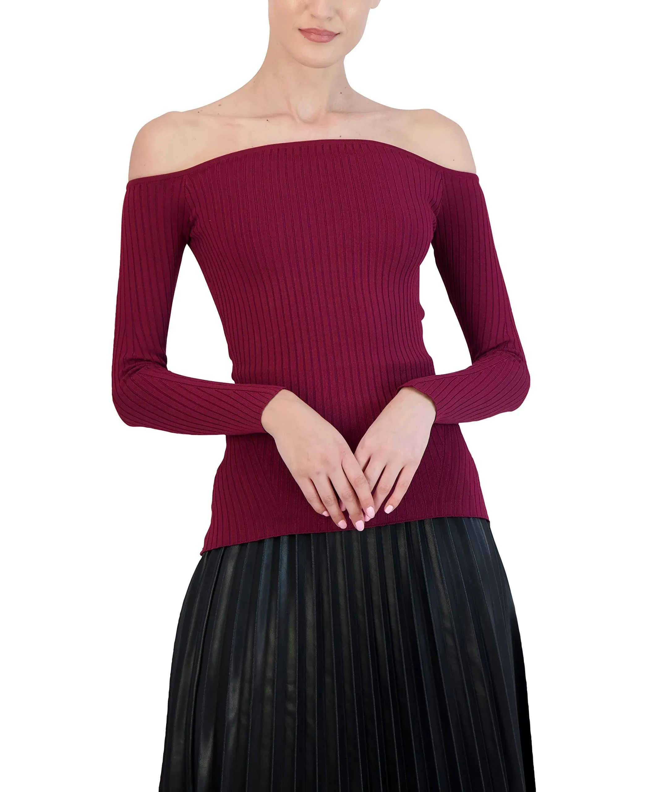 BCBGMAXAZRIA Women's Fitted Ribbed Sweater Off The Shoulder Long Sleeve Sculpted Neck Top