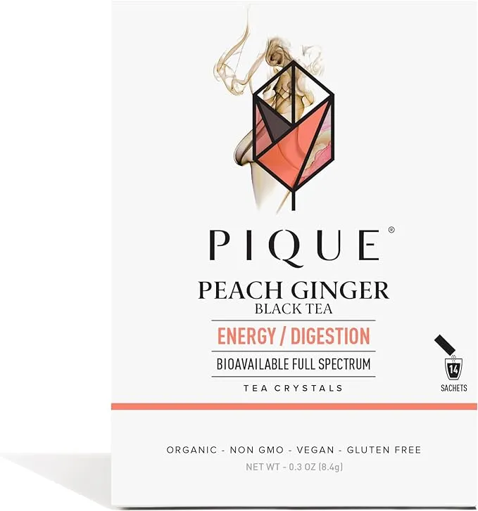 Pique Organic Peach Ginger Tea Crystals - Caffeinated Black Tea For Energy, Prebiotic Polyphenols Support Healthy Digestion - 14 Single Serve Sticks (Pack of 1)