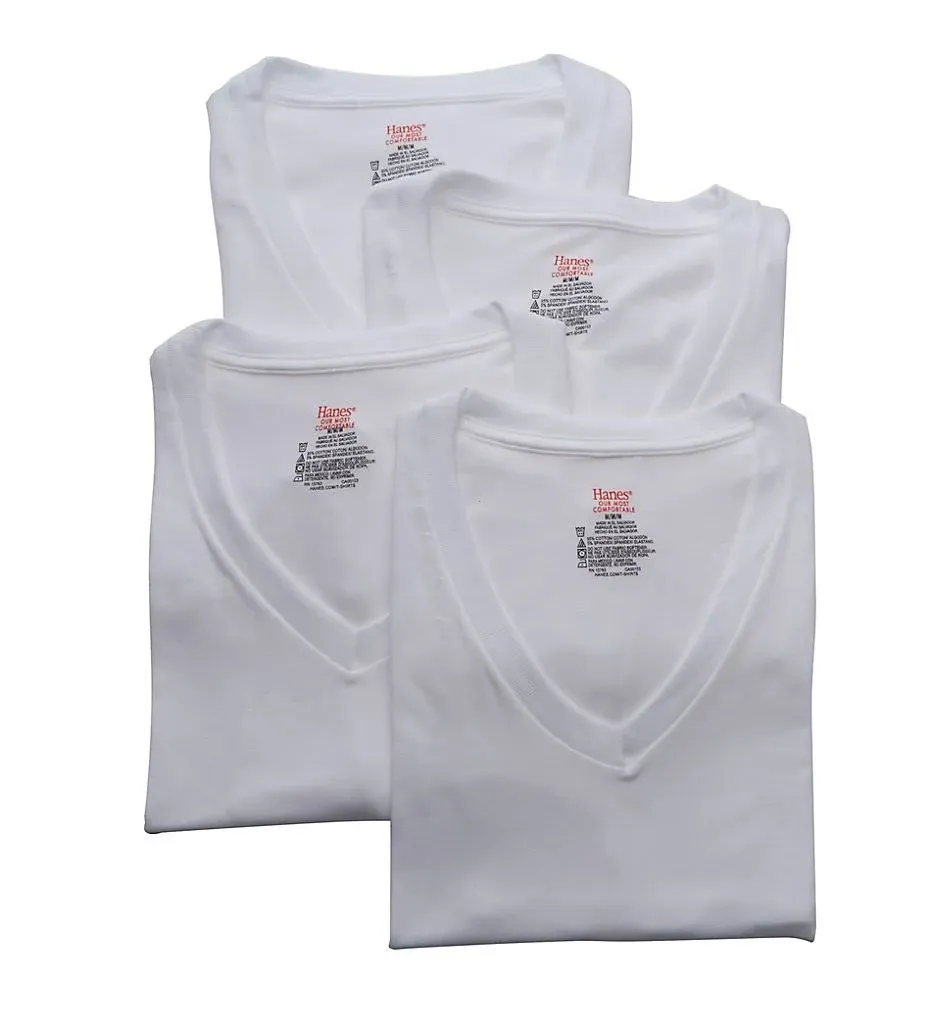 Men's Hanes U9T2W4 Stretch V Neck T-shirts - 4 Pack (White S)