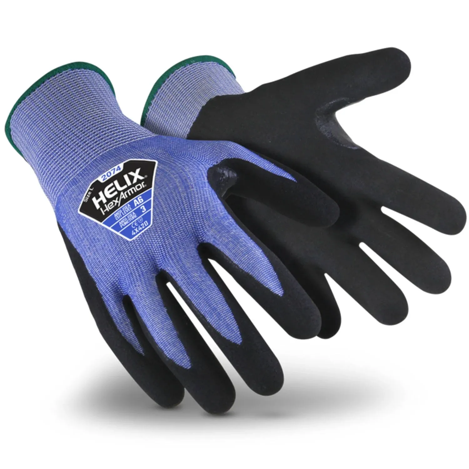 Cut-Resistant Gloves: Size L, ANSI Cut A6, Sandy Nitrile, Fiberglass, HPPE & Steel, Puncture 3, Abra