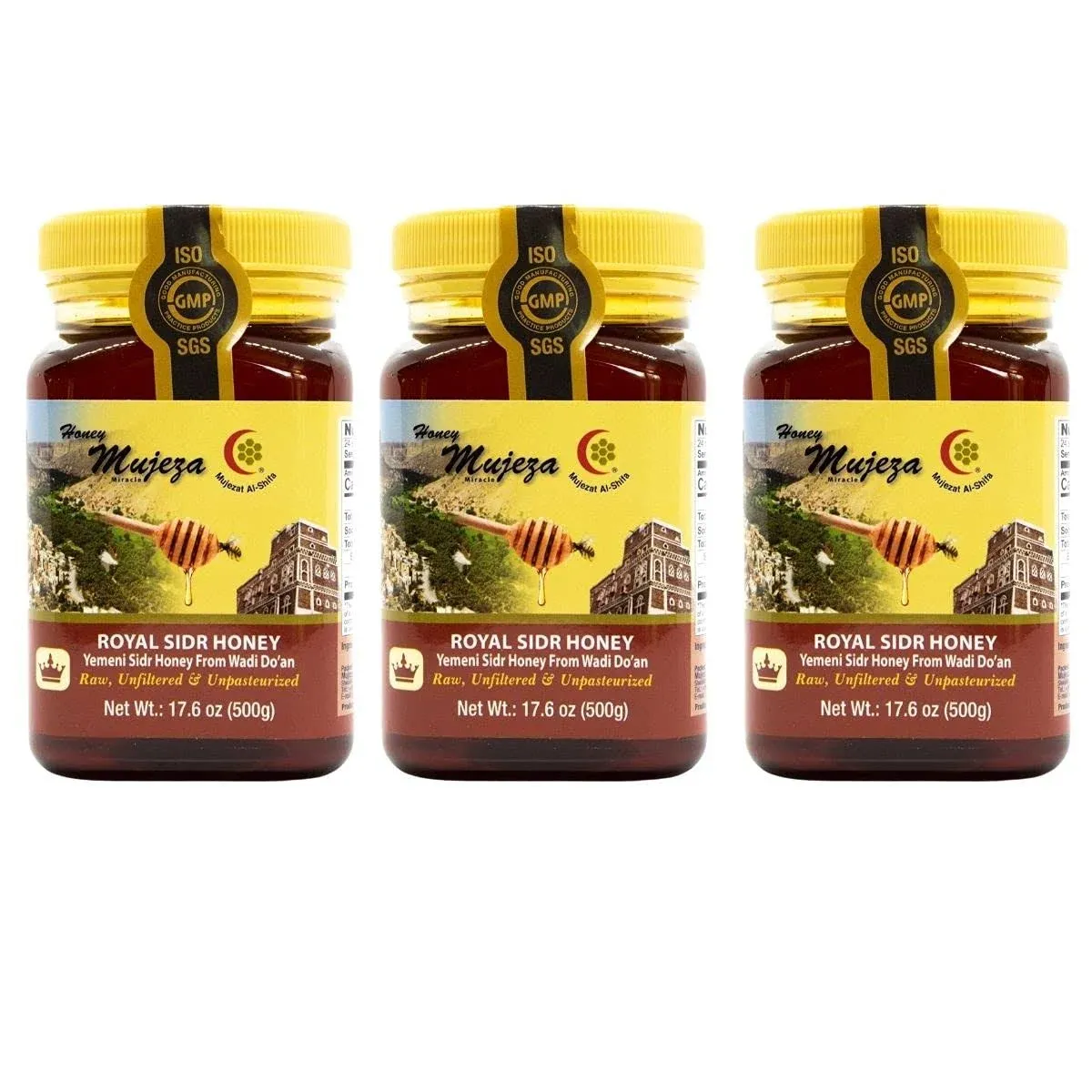 Pack of 3 Raw Royal Honey (Authentic Yemen Douani Sidr Honey) عسل سدر يمني أصلي دوعني Gluten Free Non GMO 100% Natural Raw Honey (500g / 17.6oz)