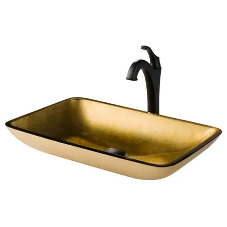 KRAUS 22-inch Rectangular Gold Glass Bathroom Vessel Sink and Matte Black Arlo Faucet Combo Set with Pop-Up Drain