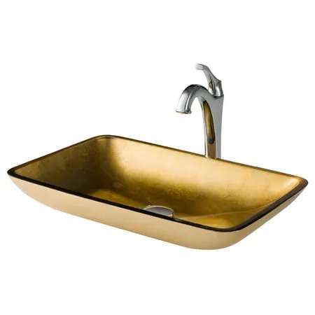 Kraus 22 in. Rectangular Gold Glass Bathroom Vessel Sink with Arlo Faucet