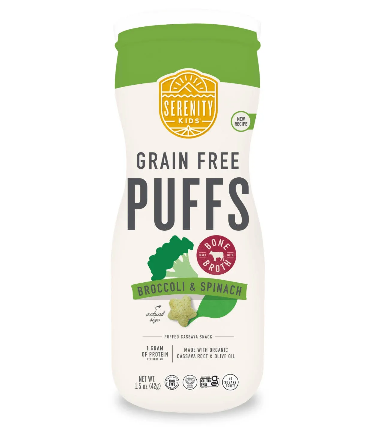 Serenity Kids Organic Broccoli and Spinach with Bone Broth Grain Free Puffs, 1.5 Ounce -- 6 per case