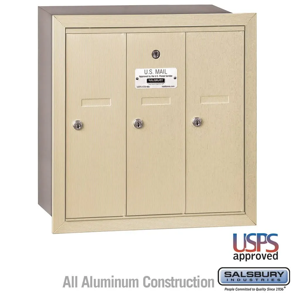 Salsbury Industries 3503SRU Recessed Mounted Vertical Mailbox for use with USPS Lock, 3 Doors, Sandstone