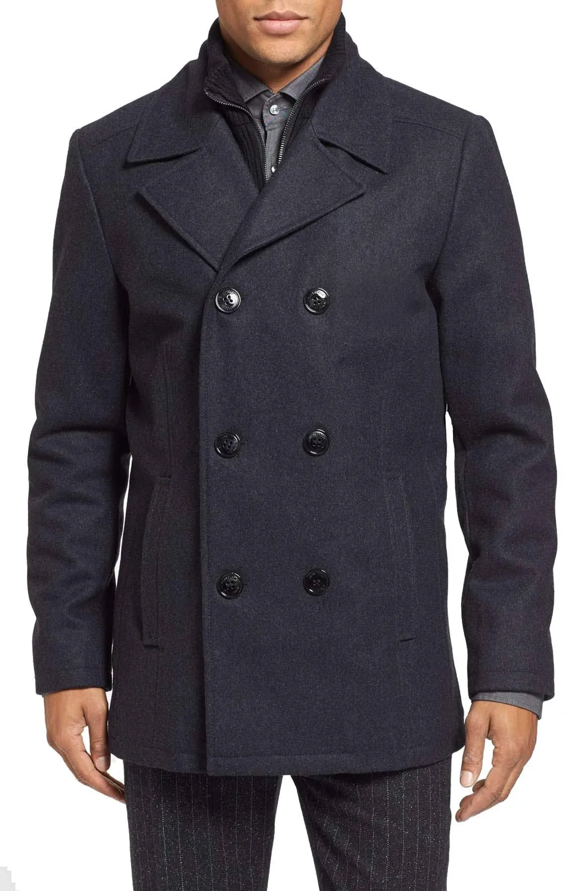 Kenneth Cole Men's Double Breasted Wool Blend Peacoat with Bib - Black