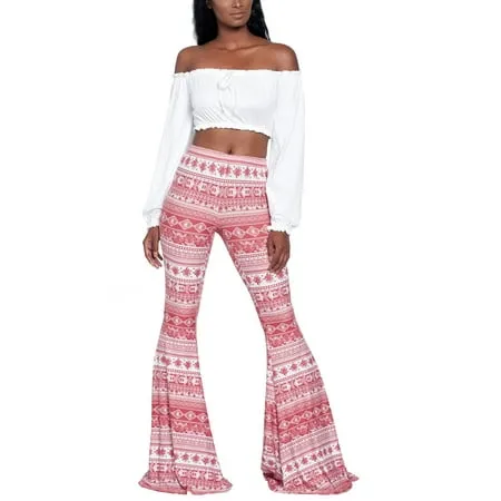 FOCUSNORM Women High Waisted Flare Palazzo Wide Leg Pants Ethnic Print Bell Bottoms Trousers