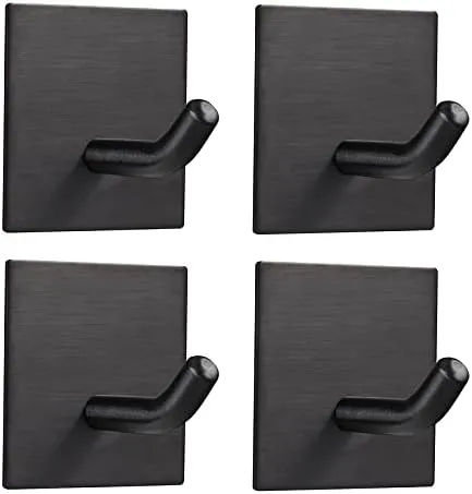 FOMANSH Heavy Duty Adhesive Hooks, Stick on Wall Adhesive Hangers, Strong Stainless Steel Holder, Self Adhesive Hooks for Kitchen Bathroom Home Door Towel Coat Key Robe 4 Packs Black