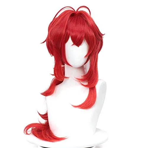 SL Long Red Cosplay Wig for Diluc Genshin Impact Fluffy Curly Anime Cosplay Hair Wig with Bangs + Cap