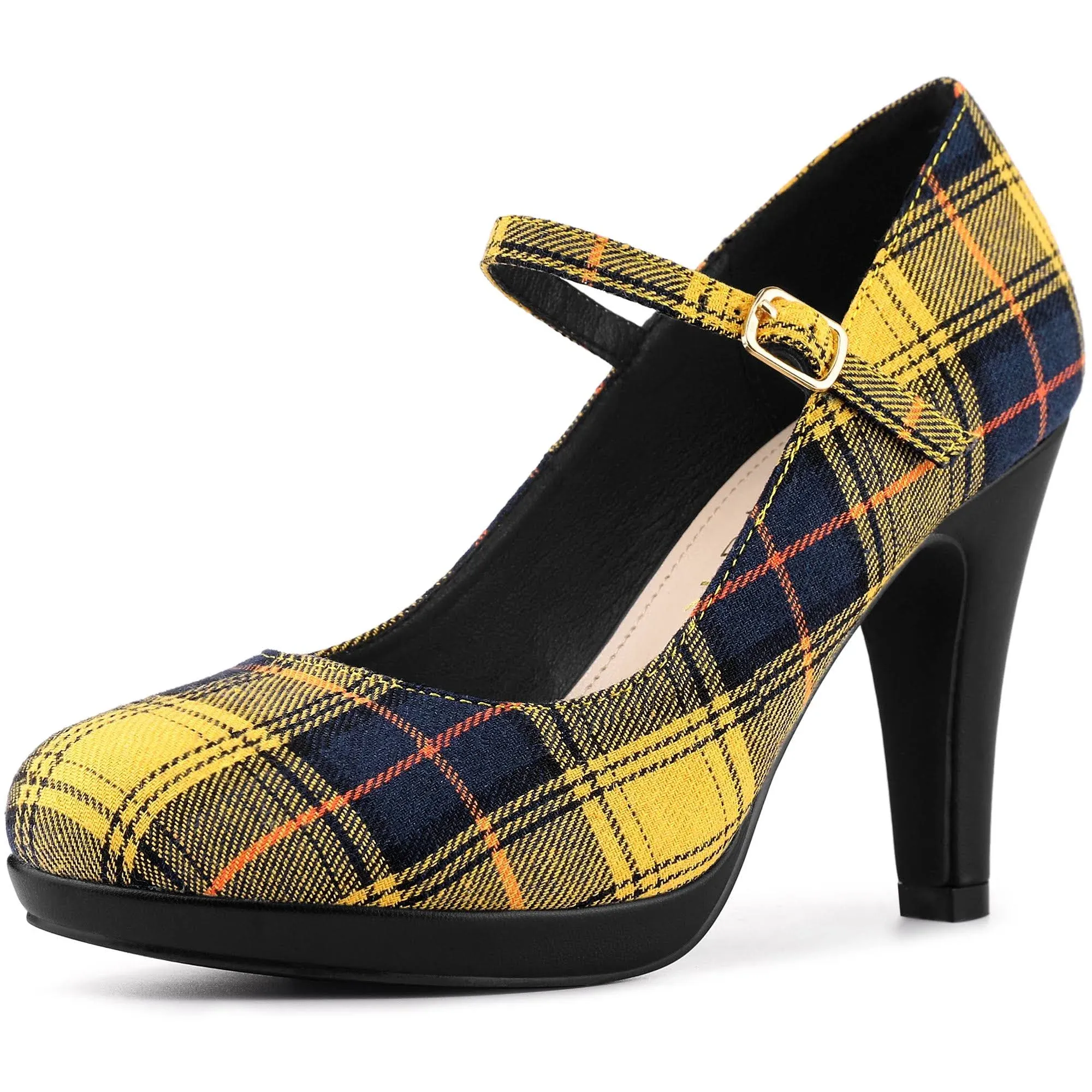 Houndstooth Platform Stiletto Heel Mary Janes Pumps, Yellow / 8