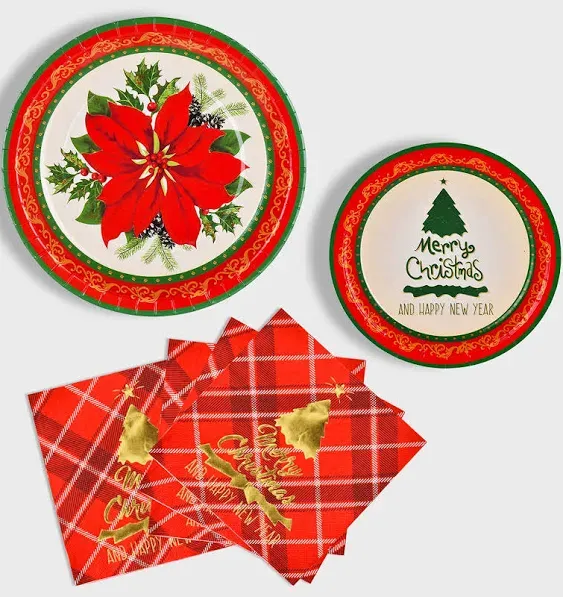 Gatherfun Christmas Party Supplies Christmas Poinsettia Flower Disposable Paper Dinner Plates Dessert Plates and Napkins for Merry Christmas Party, Serve 50