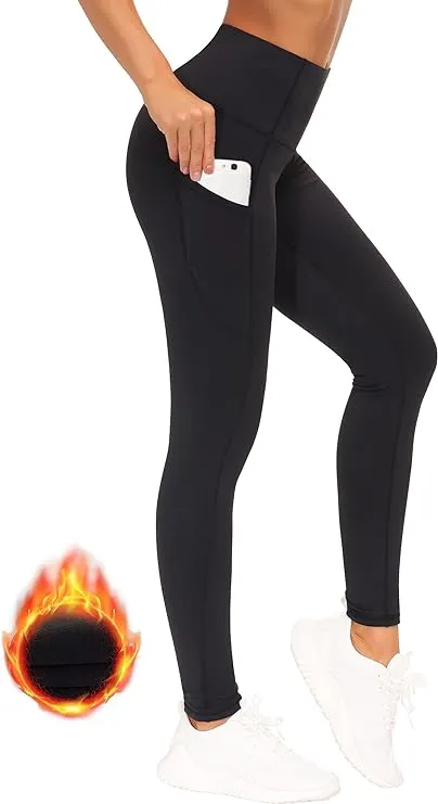 The Gym People Thick High Waist Yoga Pants with Pockets, Tummy Control Workout Running Yoga Leggings for Women Large Fleece Lined Black, Women's