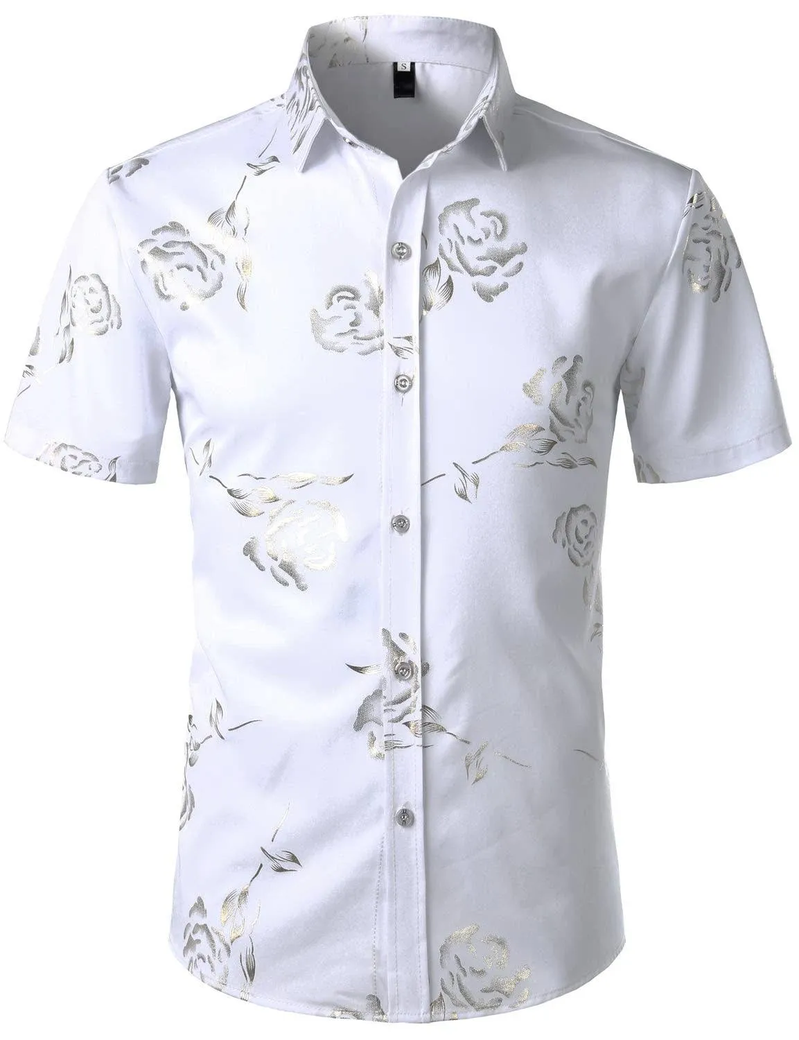 ZEROYAA Mens Hipster Gold Rose Printed Slim Fit Short Sleeve Button Down Dress Shirts