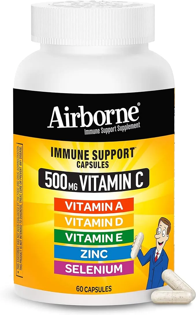 Airborne Vitamin C 500mg Capsules With Zinc & Selenium, Immune Support Supplement For Adults with Powerful Antioxidants Vitamins A C & E + Vitamin D - 60ct Bottle (30 Servings)