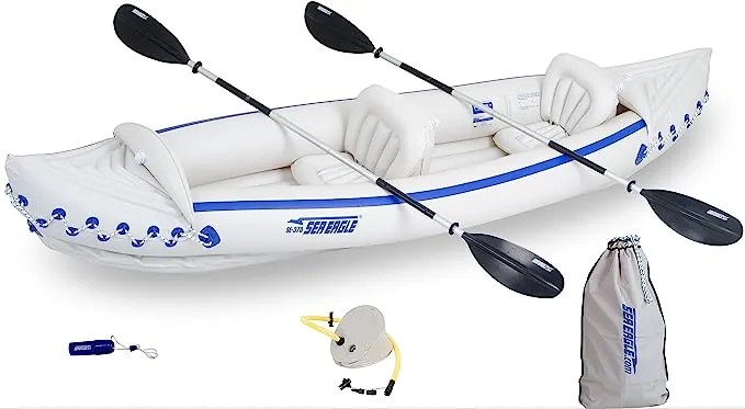 Sea Eagle 370 Deluxe 3 Person Inflatable Portable Sport Kayak Canoe with Paddles