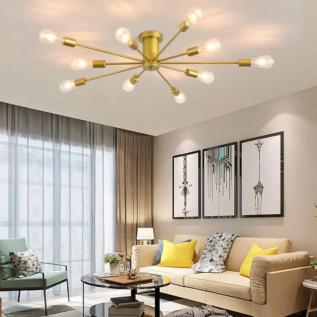 Garwarm 10 Lights Modern Sputnik Ceiling Chandelier Gold Industrial Ceiling Lamp Mid Century Semi Flush Mount Ceiling Light Fixture for Kitchen Dining Room Living Room Bedroom Foyer Lighting