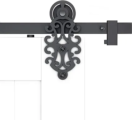 DIYHD TSQ72 5.5FT Ornate Cut Black Iron Sliding Barn Hardware, Single Door kit