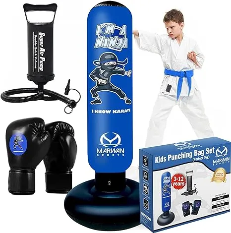 2024 Upgraded 5-in-1 Kids Punching Bag Set – Inflatable Boxing Bag Toy with Instant Bounce Back, Gloves, Air Pump, Protective Base Cover & Funnel, Gift for Boys Age 3-12