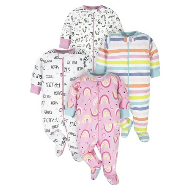 Onesies Gerber Baby Girl Sleep 'N Play Footed Pajamas, 4-Pack