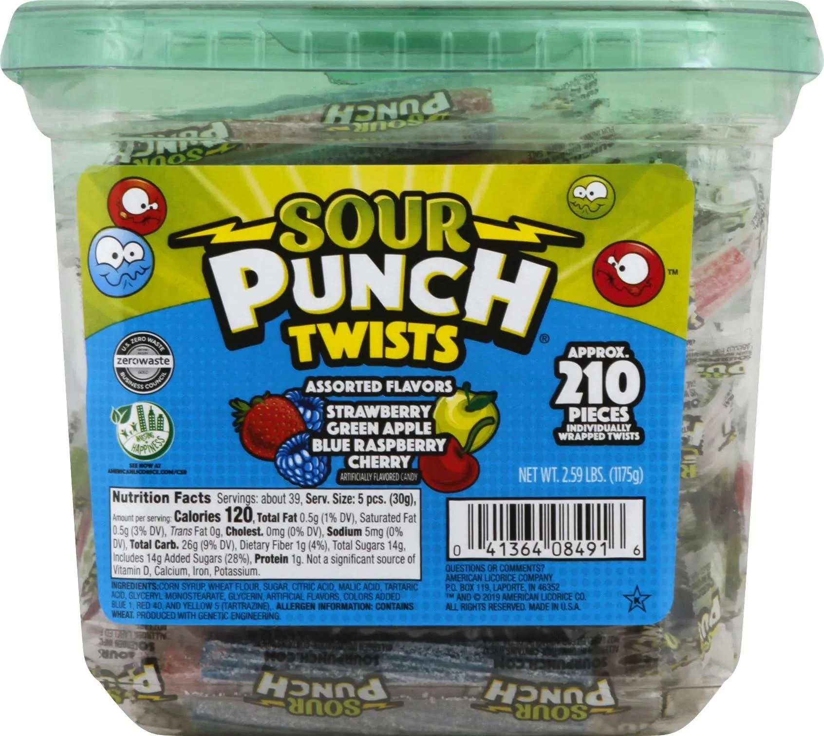 Sour Punch Twists, 3" Individually Wrapped Chewy Candy, 4 Fruity Flavors, 2.59 LB Jar, 210 Count