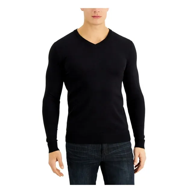 Alfani Mens Solid V-Neck Cotton Sweater Gray L