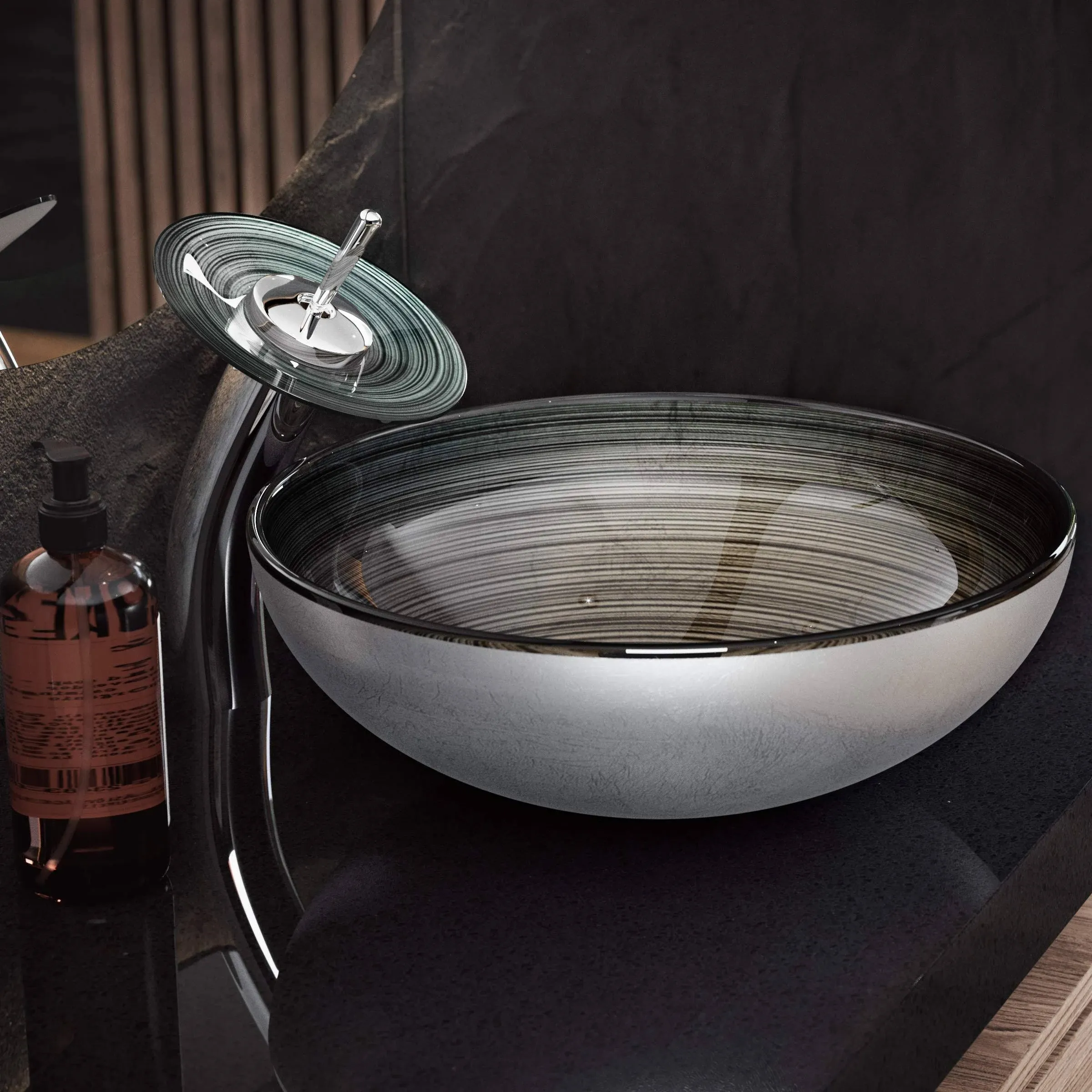 Swiss Madison SM-VSF260 Cascade 16.5 Glass Vessel Sink with Faucet, Smoky Grey - 28 x 24 inches