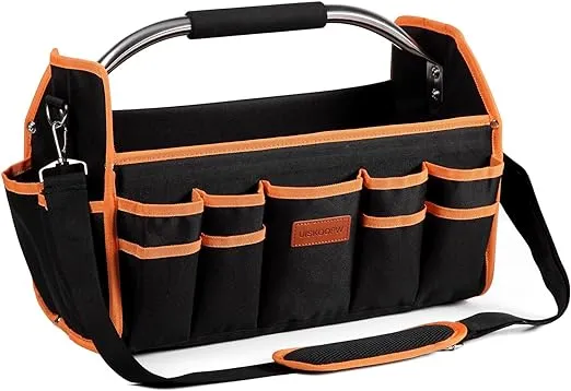 16in Tool Bag, Electrician Tool Bag, Open Top Tool Bags, Material Tool Caddy with 16 External Pockets, Steel Handle and Shoulder Strap