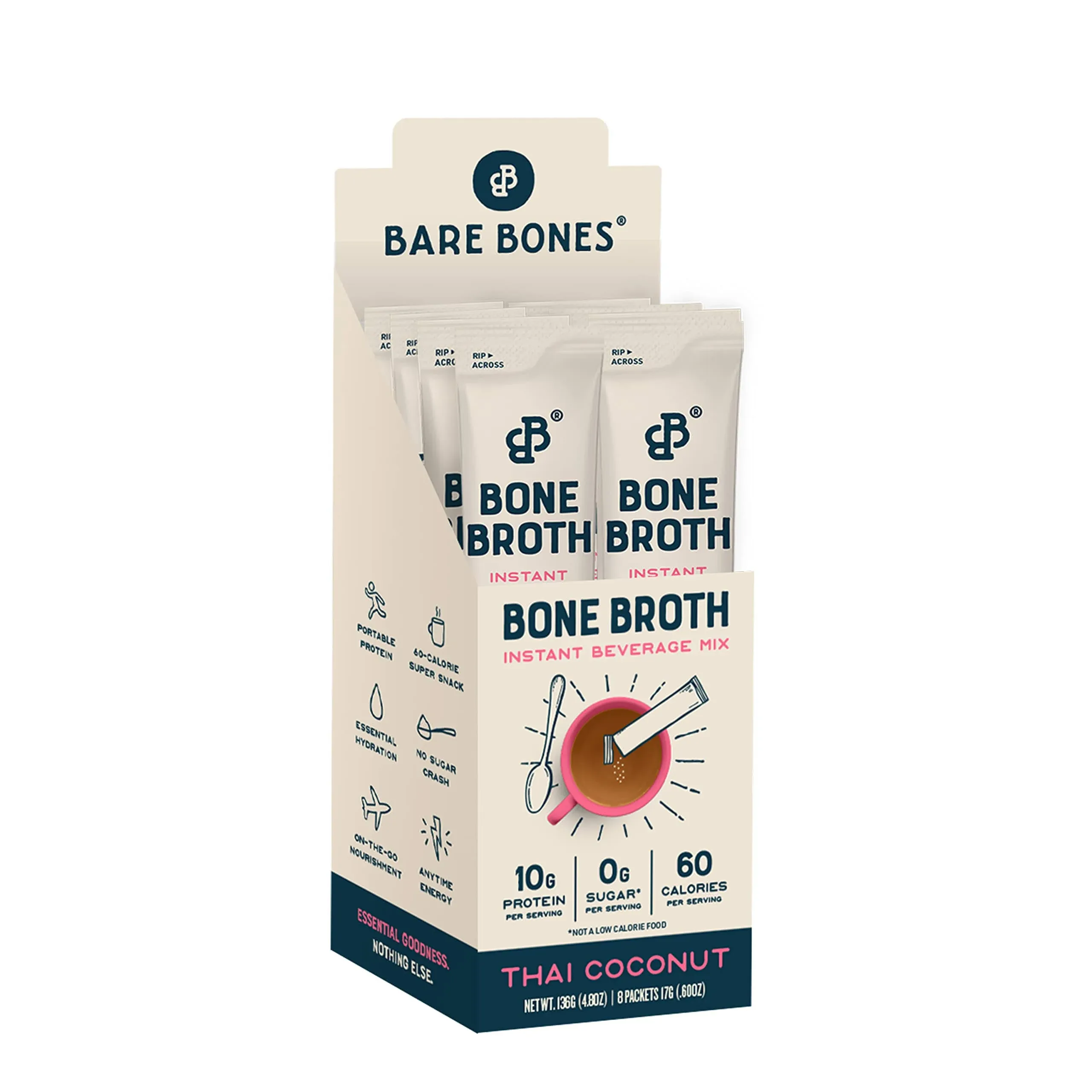 Bare Bones Bone Broth Instant Powdered Mix, Thai Coconut, Pack of 8, 15g Sticks, 10g Protein, Keto & Paleo Friendly Bone Broth Packets