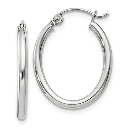 14K White Gold Polished 2mm Oval Tube Hoop Earrings (14mm x 2mm)