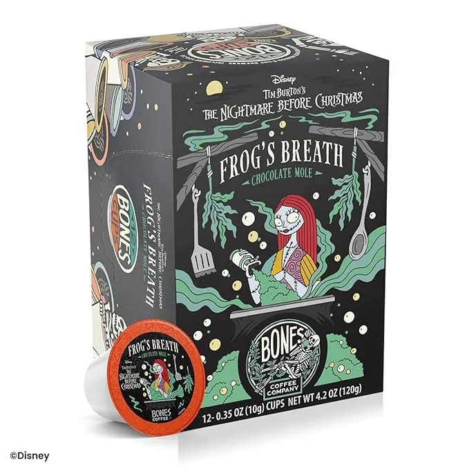 Bones Coffee Company Flavored Coffee Bones Cups Frog's Breath Flavored Coffee Pods Chocolate Mole Flavor Single-Serve Coffee Pods From Disney Tim Burton's The Nightmare Before Christmas (12 ct)