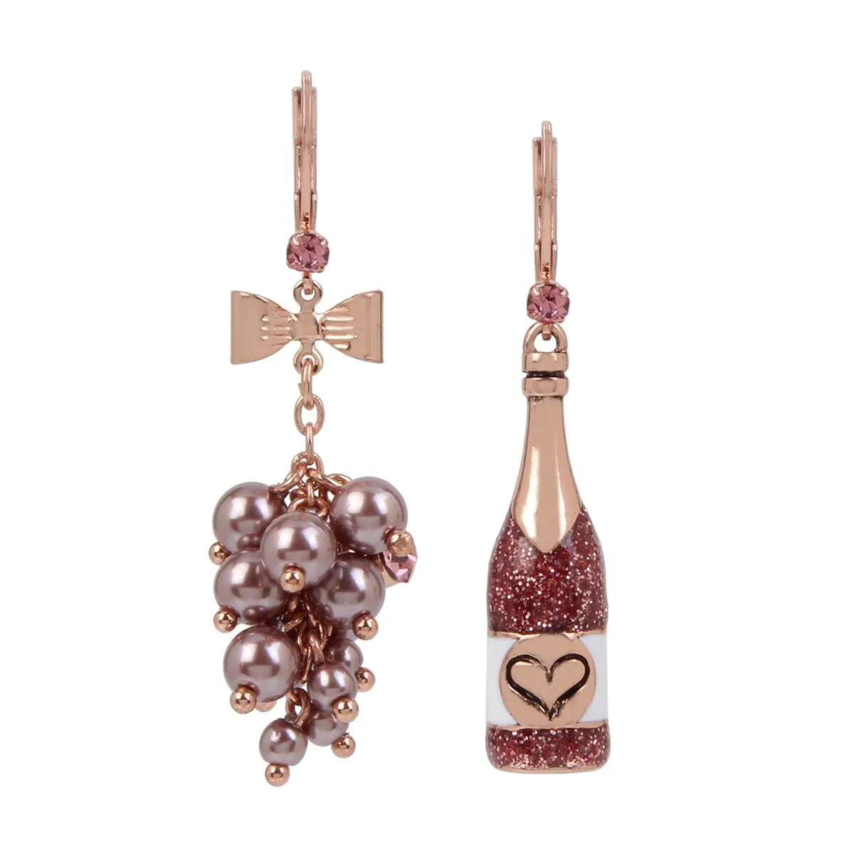 Betsey Johnson Rosegold Champagne Bottle And Pearl Grapes Dangle Earrings