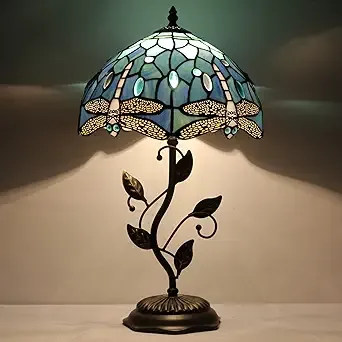 Tiffany Lamp Blue Dragonfly Style Stained Glass Table Lamp Desk Bedside Reading Light 12X12X19 Inches with Metal Leaf Base Decor Bedroom Living Room