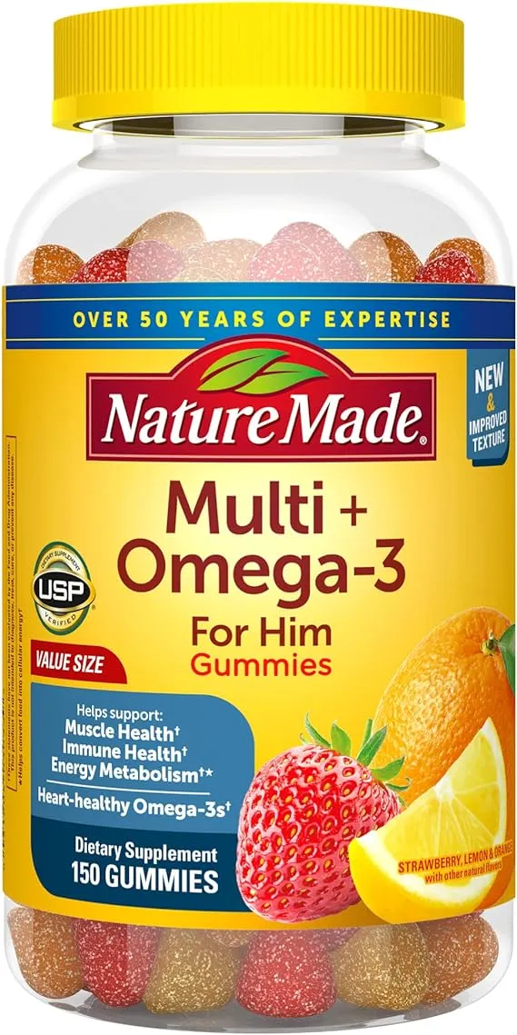 Nature Made Multivitamin for Him with Omega-3, Mens Multivitamins for Daily Nutritional Support, Multivitamin for Men, 150 Gummy Vitamins and Minerals, 75 Day Supply