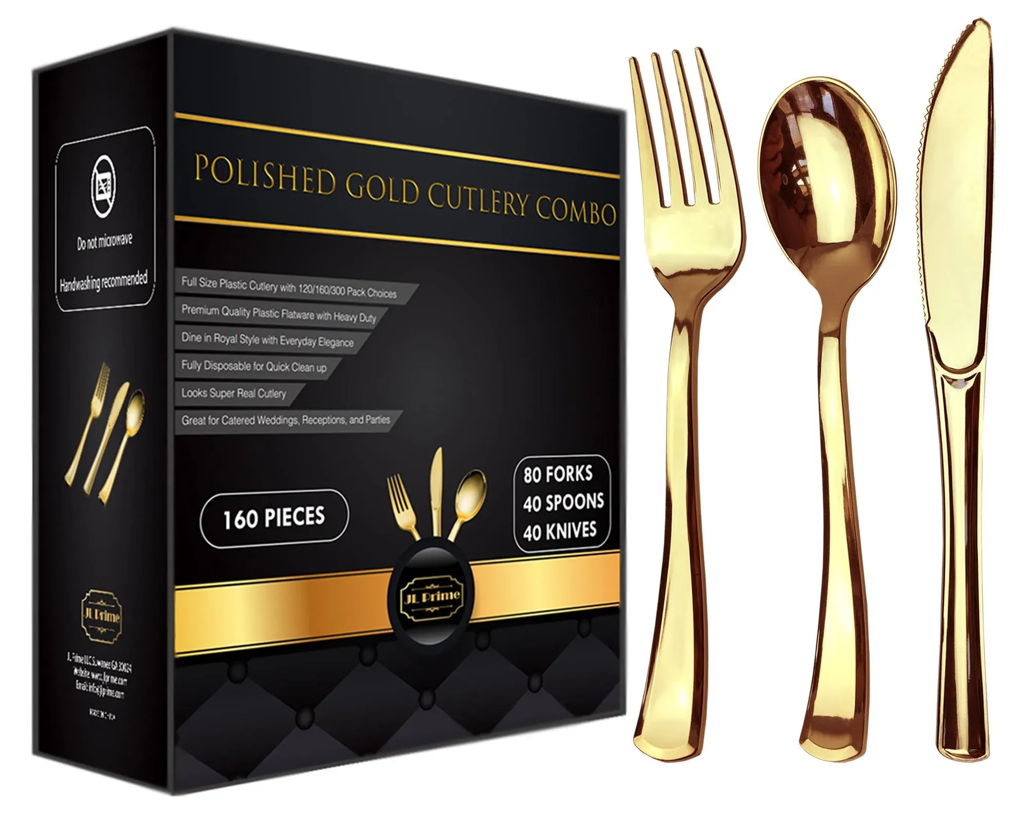 JL Prime 160 Gold Plastic Silverware Set, Heavy Duty Disposable Reusable Cutlery ...