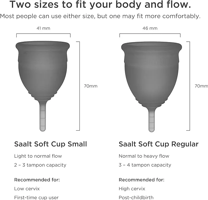 Saalt Soft Menstrual Cup - Super Soft and Flexible - Best Sensitive Cup - Wear for 12 Hours - Tampon and Pad Alternative (Grey, Regular)Saalt Soft Menstrual Cup - Super Soft and Flexible - Bes…