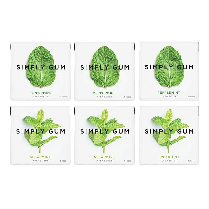 Simply Gum | Variety Pack - Peppermint, Spearmint | Plant- Based Chewing Gum | Pack of Six (90 Pieces Total) | Synthetic Free + Aspartame Free + non GMO