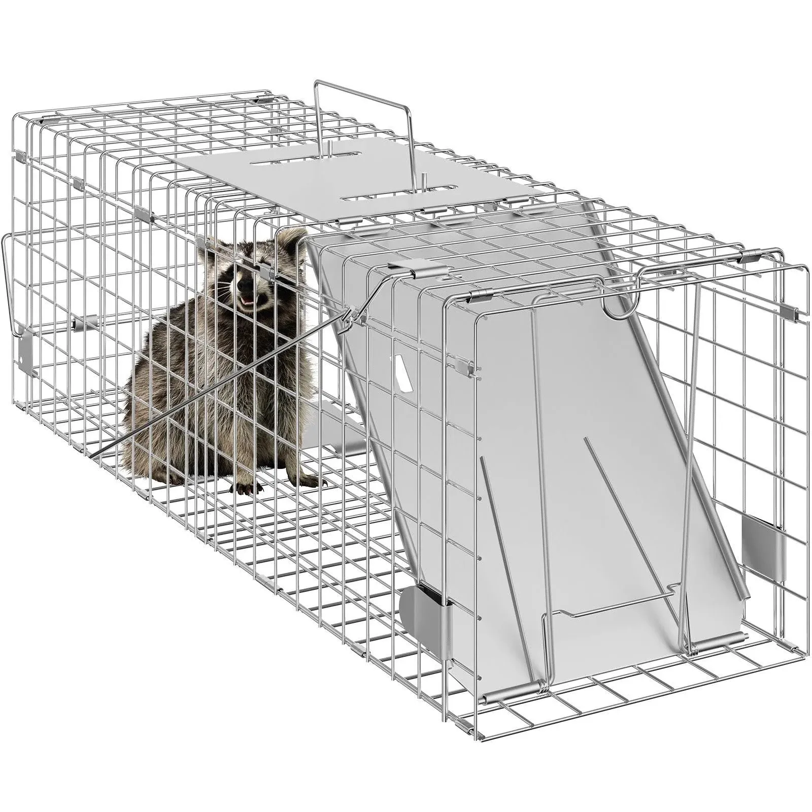 VEVOR Live Animal Cage Trap 24" x 8" x 8" Humane Cat Trap Galvanized Iron Folding ...