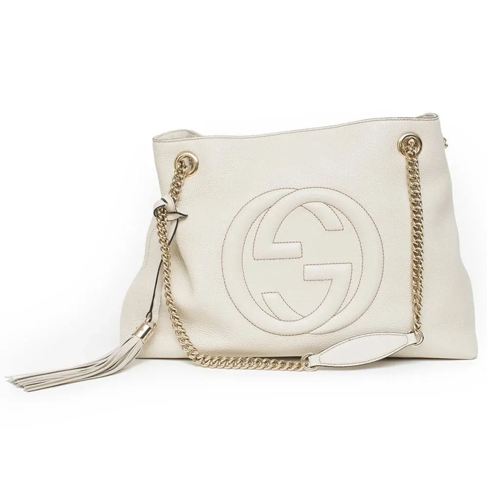 Gucci Soho Ivoire White Ivory Gold Double Chain Soft Hobo Leather Shoulder Bag Italy Authentic New