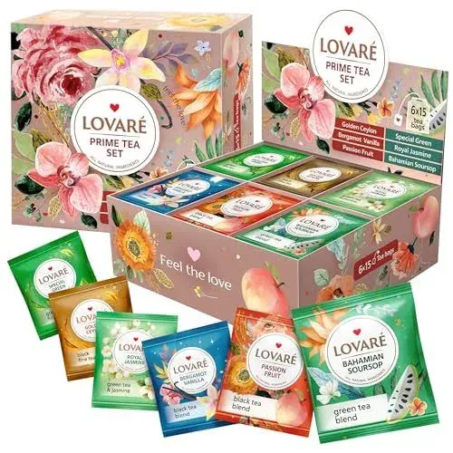 Lovare Black and Green Tea Bags Variety Pack - Made in Ukraine Tea Sampler - Individually Wrapped 90 Assorted Tea Bags - Gift Box For Tea Lovers (PRIME TEA SET)