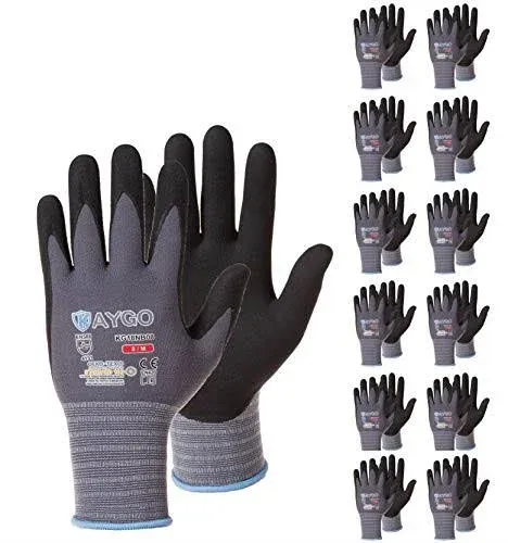 KAYGO Safety Work Gloves MicroFoam Nitrile Coated-12 Pairs, KG18NB,Seamless Knit Nylon Glove with Black Micro-Foam Nitrile Grip,Ideal for General Purpose,Automotive,Home Improvement,medium