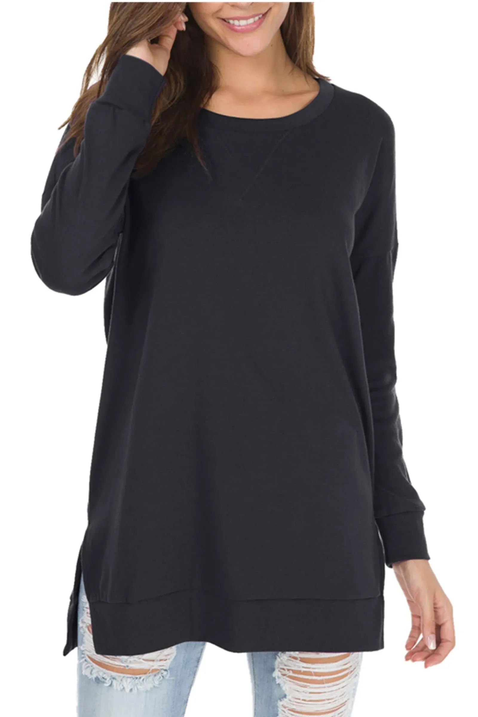 Levaca Women's Fall Long Sleeve Plus Pullover Side Split Loose Casual Tunic Tops