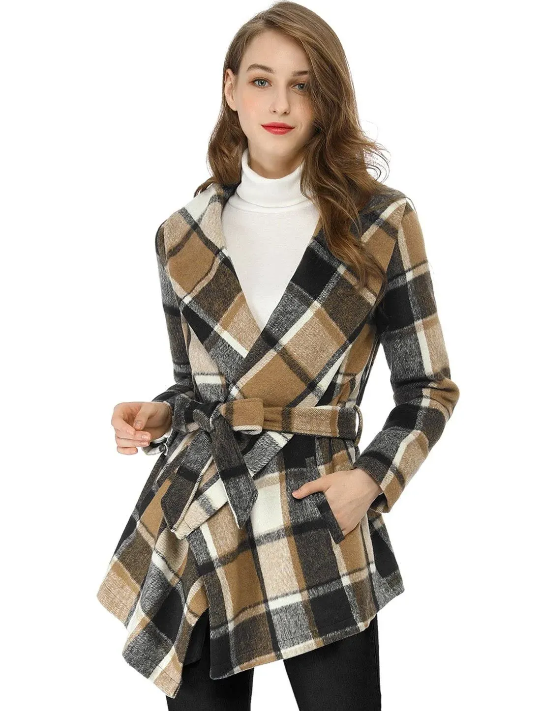 Allegra K Turn Down Collar Asymmetric Hem Thin Plaids Wrap Coat, Brown / S