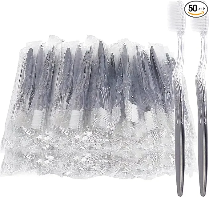 FKYzixeh Grey Handle Toothbrush Bulk Disposable Toothbrushes Individually Packaged Toothbrush for Travel Hotel and Homeless (50 Pack)